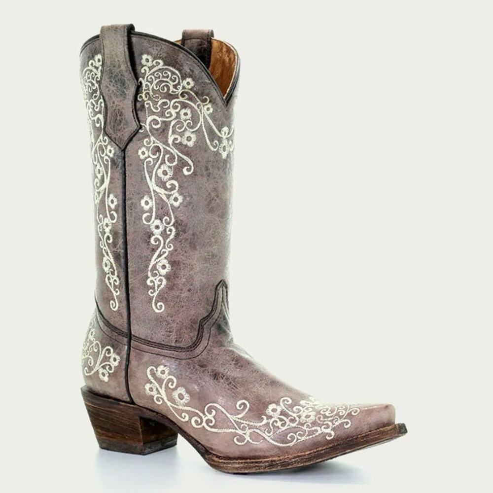 Corral Bone Floral Embroidery Snip Toe‎ Cowboy Western Leather Boots A2773 NEW